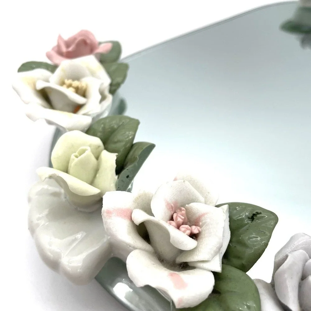 Vintage Oval Mirrored Vanity Tray Ceramic Porcelain Floral Rose Accents